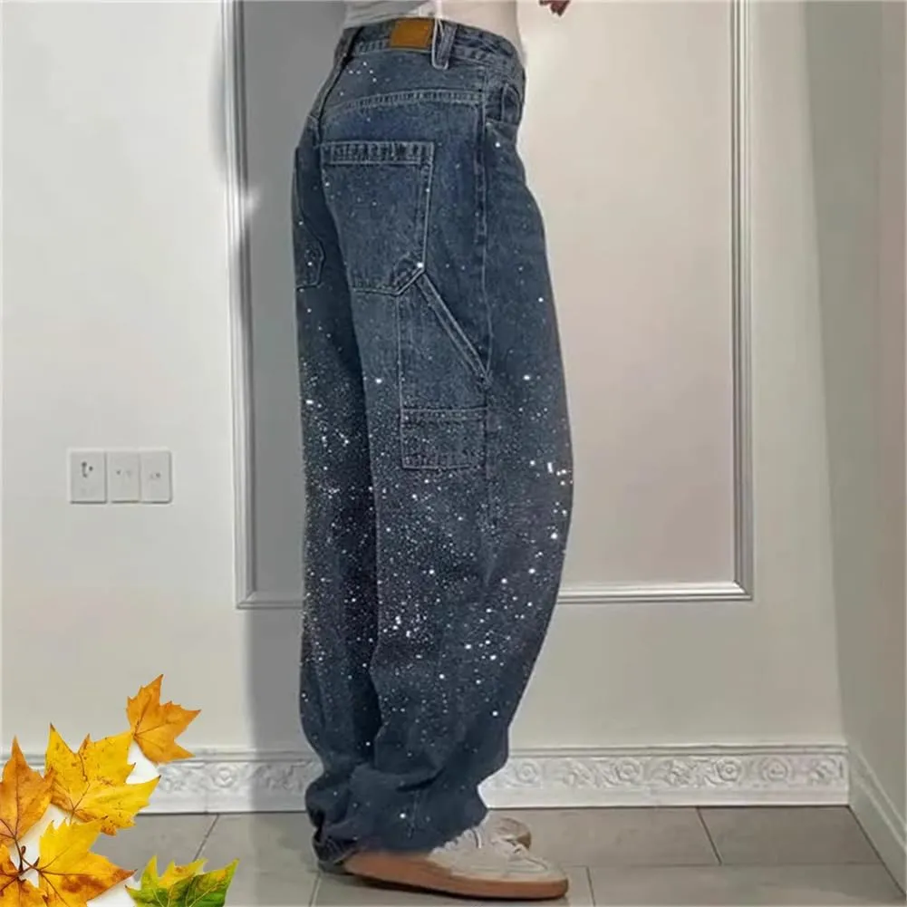 High Waisted Rhinestone Jeans for Women, Baggy Wide Straight Leg Casual Denim Pants Trousers, Wide Leg Bling Denim Pants