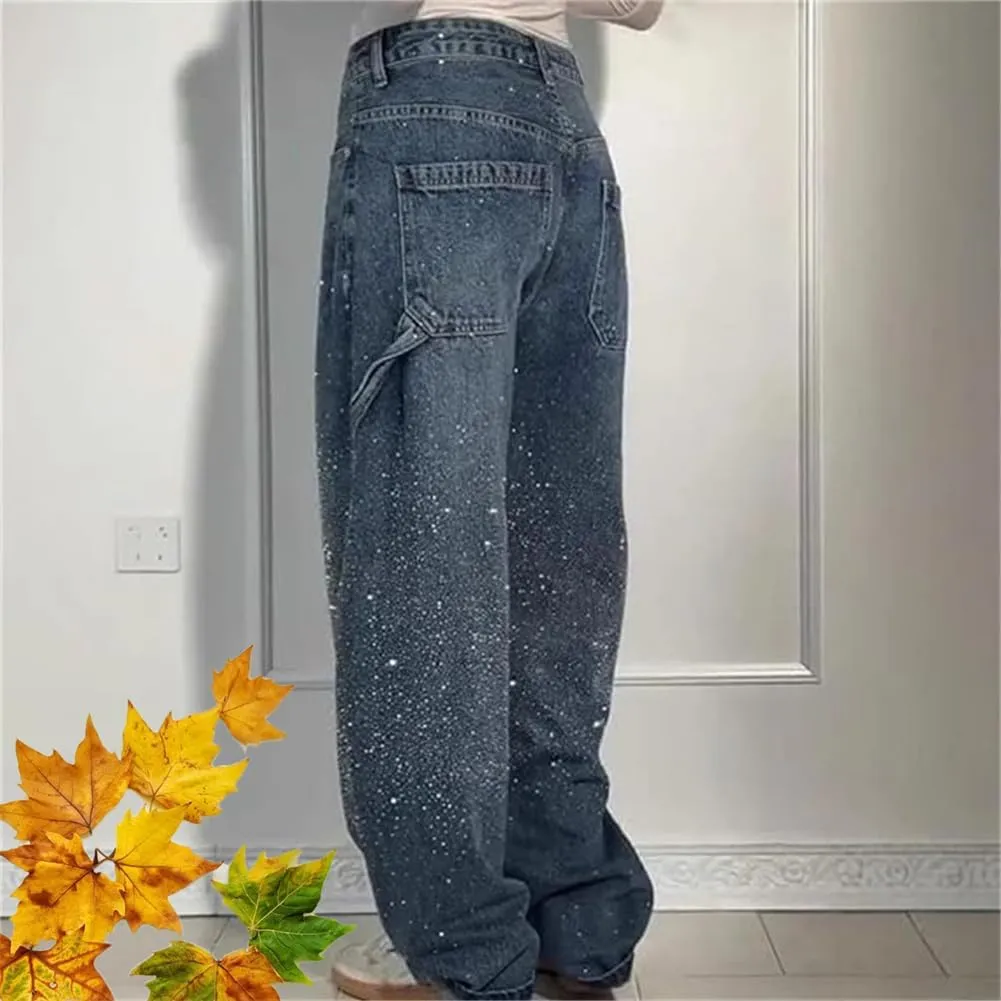 High Waisted Rhinestone Jeans for Women, Baggy Wide Straight Leg Casual Denim Pants Trousers, Wide Leg Bling Denim Pants