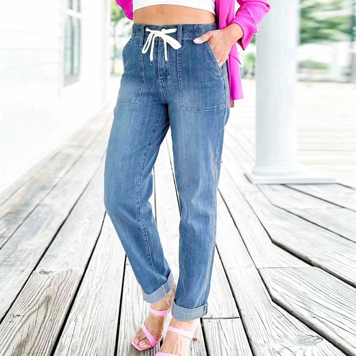 hlysgo Women Pull On Denim Joggers High Waist Stretch Drawstring Jeans with Pocket Casual Baggy Straight Jeans Trousers