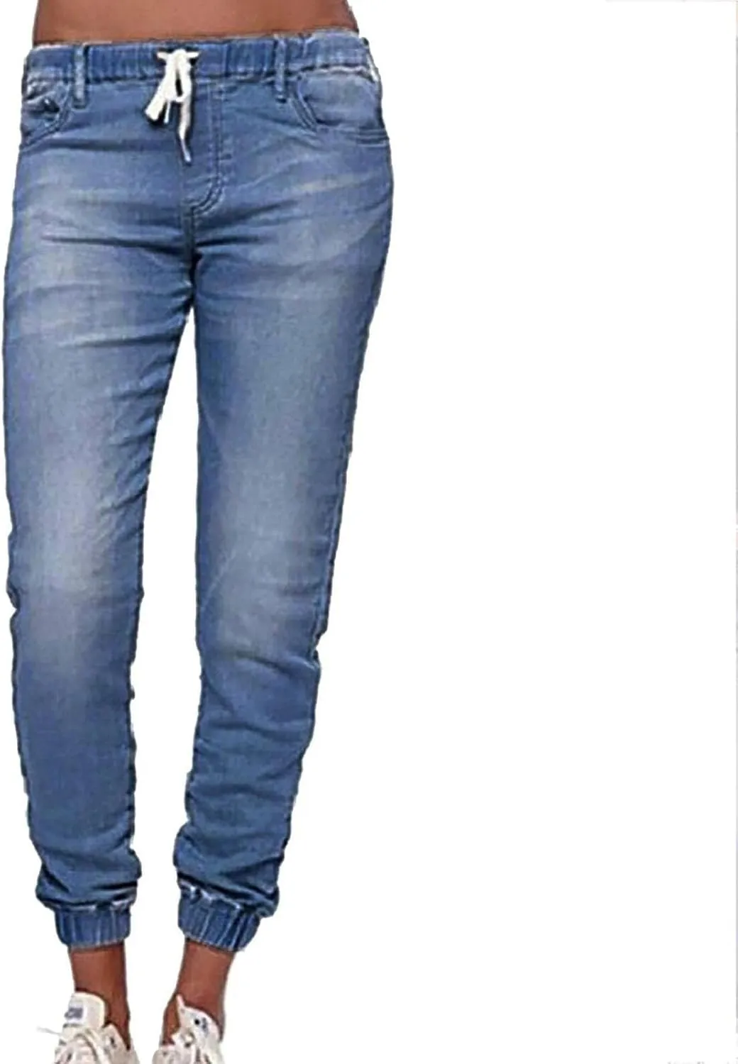 hlysgo Women Pull On Denim Joggers High Waist Stretch Drawstring Jeans with Pocket Casual Baggy Straight Jeans Trousers