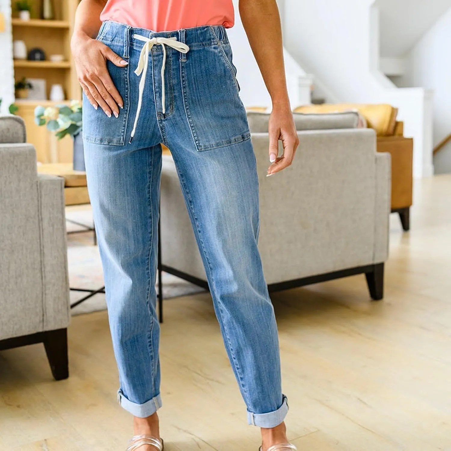 hlysgo Women Pull On Denim Joggers High Waist Stretch Drawstring Jeans with Pocket Casual Baggy Straight Jeans Trousers