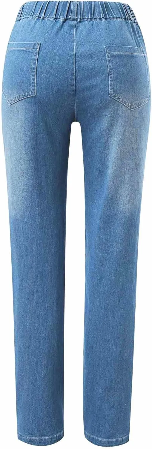hlysgo Women Pull On Denim Joggers High Waist Stretch Drawstring Jeans with Pocket Casual Baggy Straight Jeans Trousers