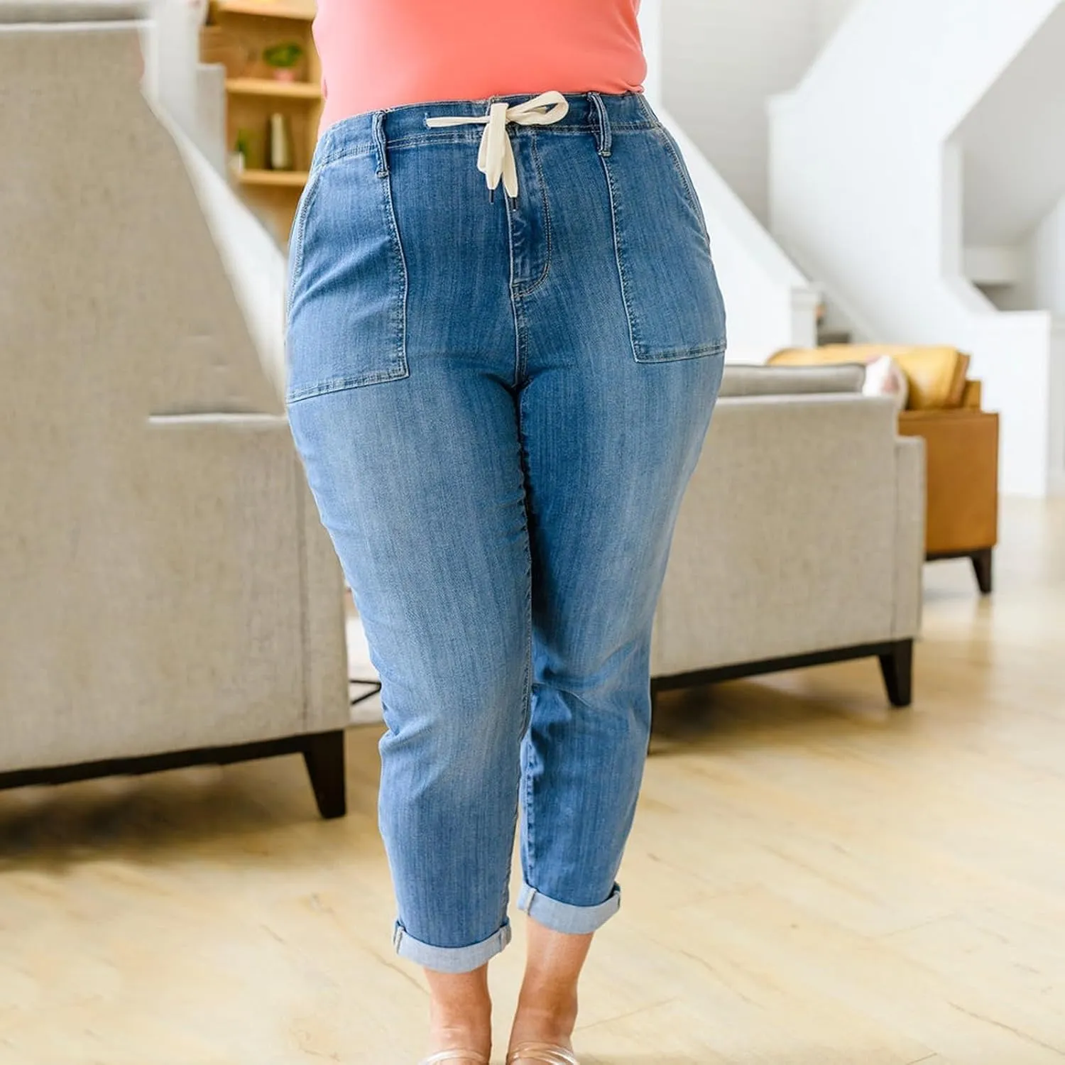hlysgo Women Pull On Denim Joggers High Waist Stretch Drawstring Jeans with Pocket Casual Baggy Straight Jeans Trousers