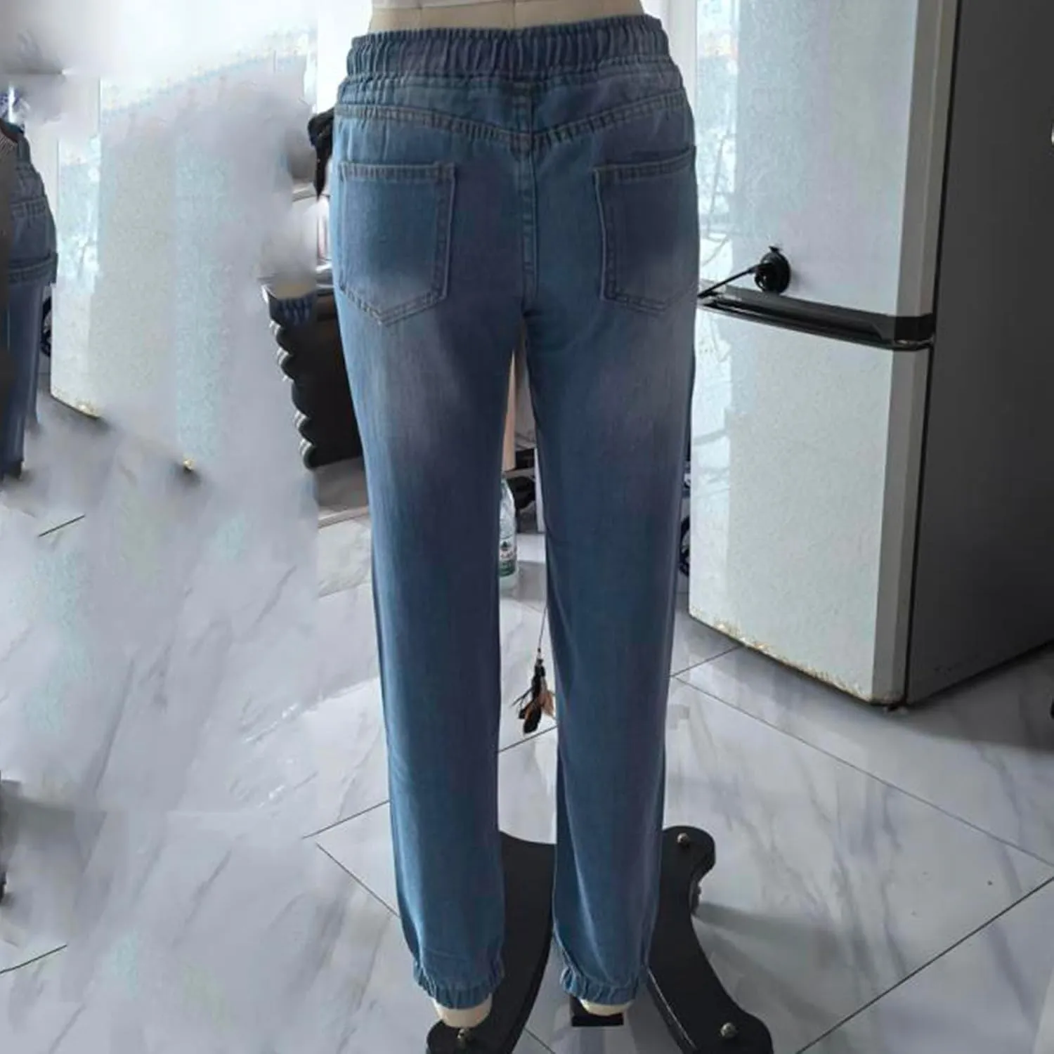 hlysgo Women Pull On Denim Joggers High Waist Stretch Drawstring Jeans with Pocket Casual Baggy Straight Jeans Trousers