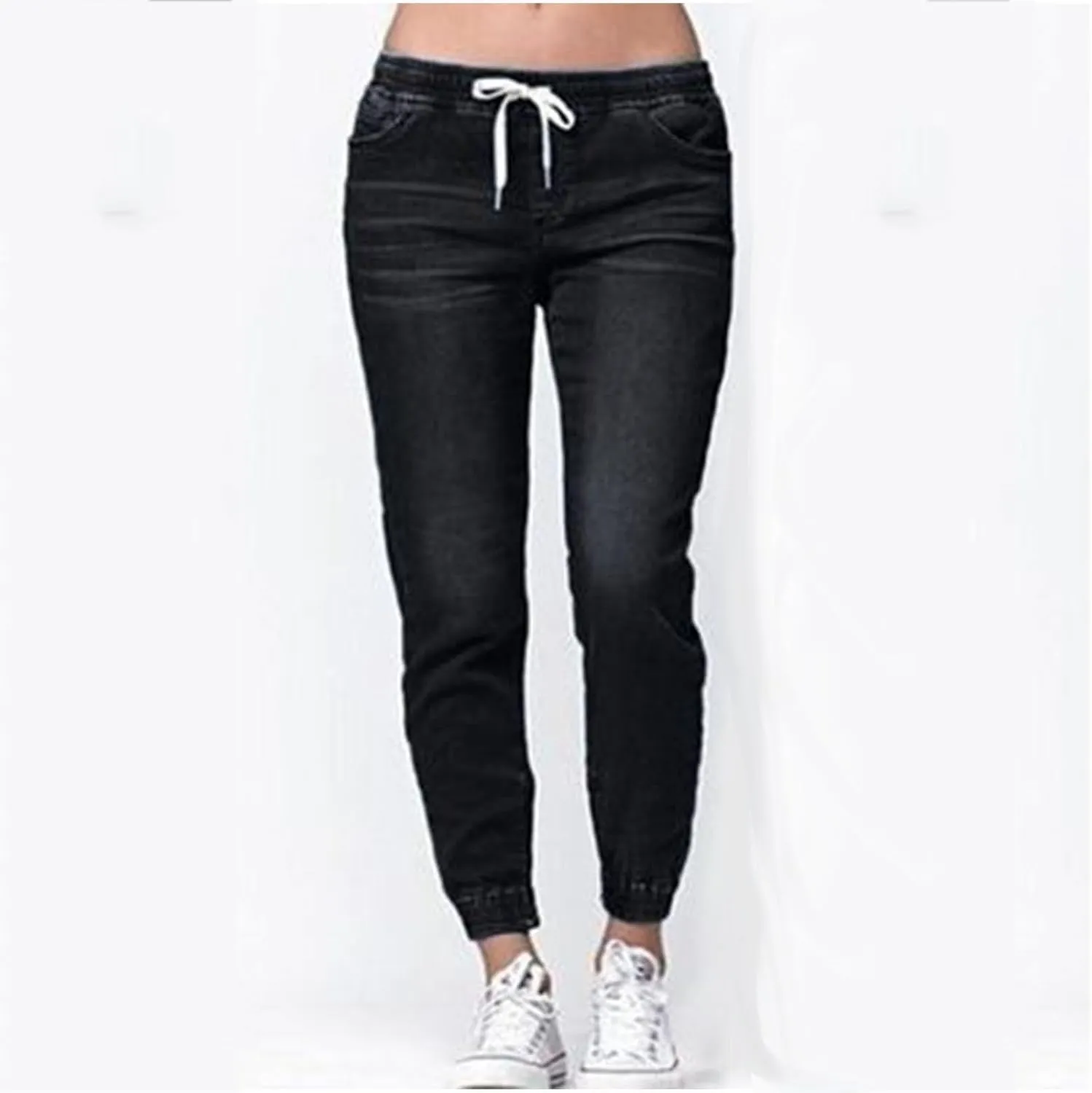 hlysgo Women Pull On Denim Joggers High Waist Stretch Drawstring Jeans with Pocket Casual Baggy Straight Jeans Trousers