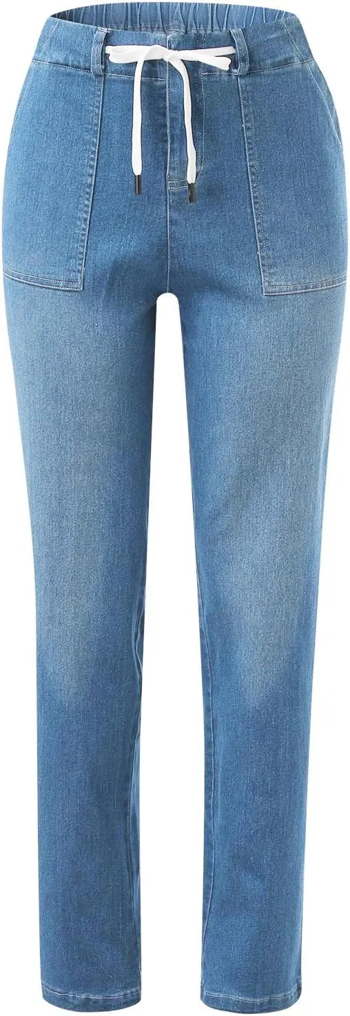 hlysgo Women Pull On Denim Joggers High Waist Stretch Drawstring Jeans with Pocket Casual Baggy Straight Jeans Trousers