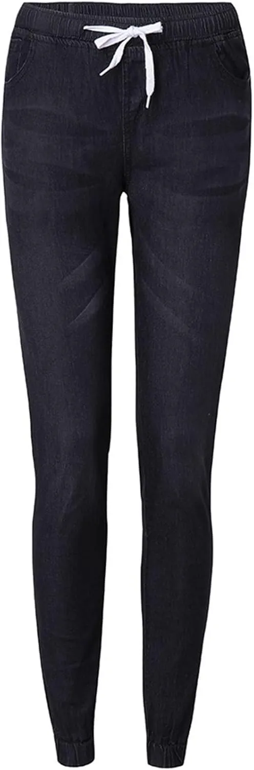 hlysgo Women Pull On Denim Joggers High Waist Stretch Drawstring Jeans with Pocket Casual Baggy Straight Jeans Trousers