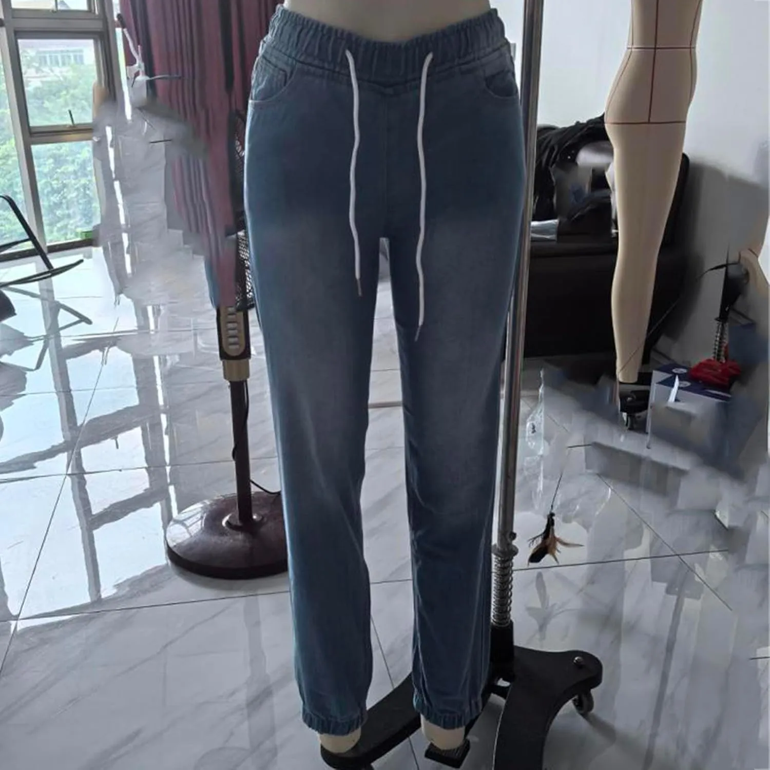 hlysgo Women Pull On Denim Joggers High Waist Stretch Drawstring Jeans with Pocket Casual Baggy Straight Jeans Trousers