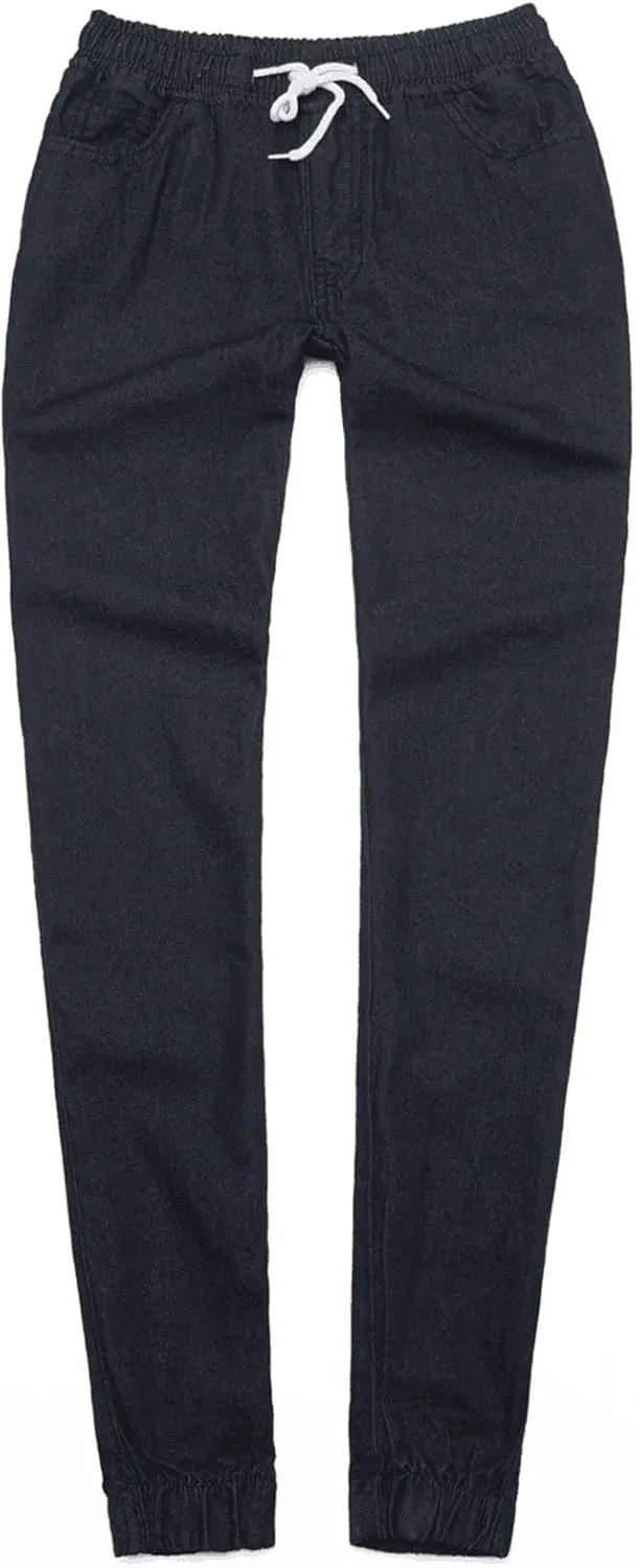 hlysgo Women Pull On Denim Joggers High Waist Stretch Drawstring Jeans with Pocket Casual Baggy Straight Jeans Trousers