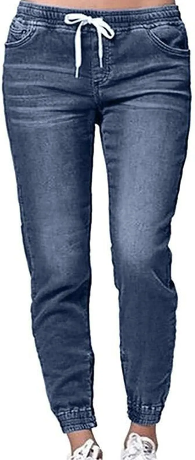 hlysgo Women Pull On Denim Joggers High Waist Stretch Drawstring Jeans with Pocket Casual Baggy Straight Jeans Trousers