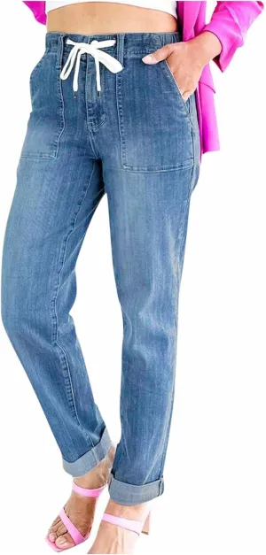 hlysgo Women Pull On Denim Joggers High Waist Stretch Drawstring Jeans with Pocket Casual Baggy Straight Jeans Trousers