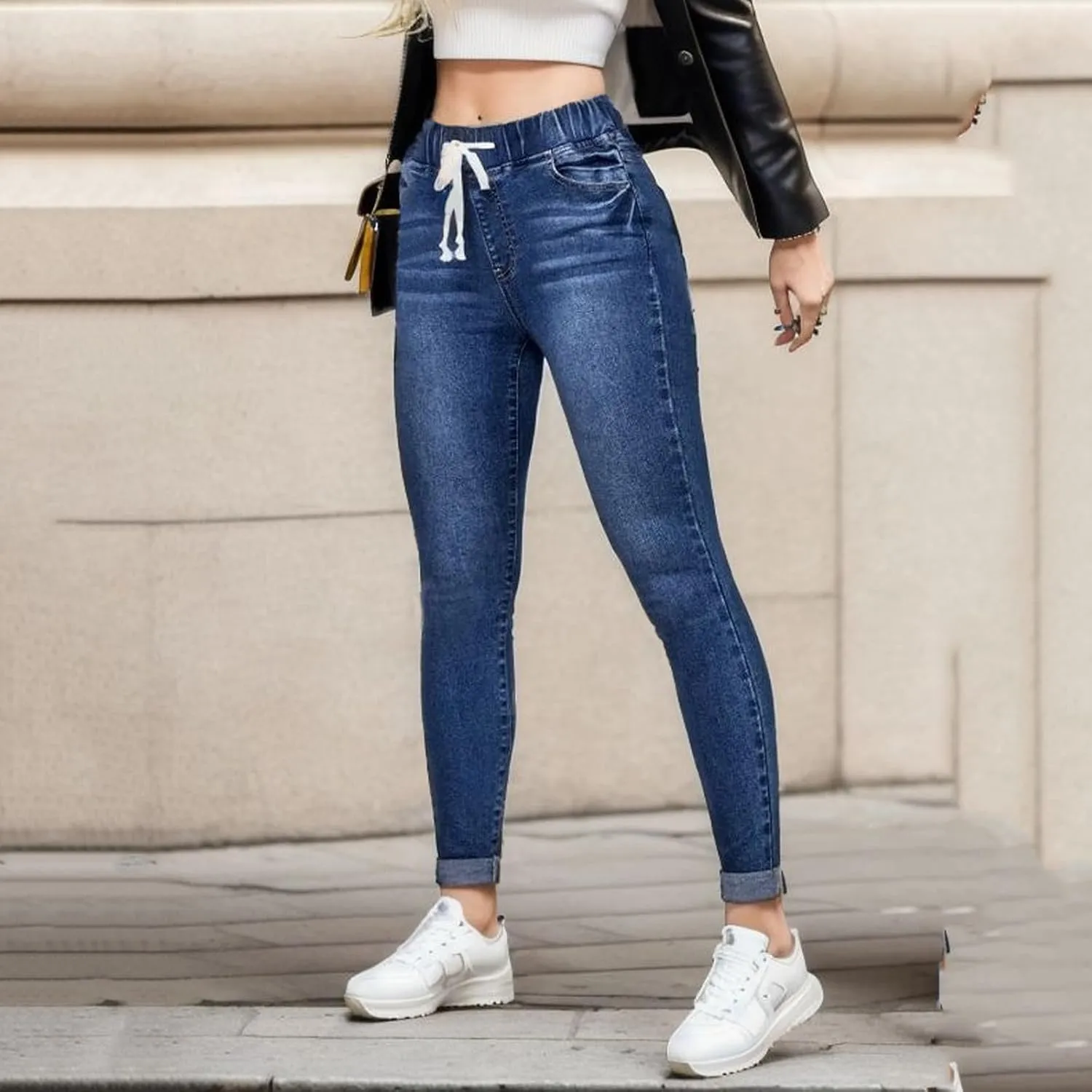 hlysgo Women Pull On Denim Joggers High Waist Stretch Drawstring Jeans with Pocket Casual Baggy Straight Jeans Trousers