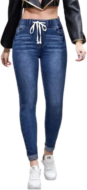 hlysgo Women Pull On Denim Joggers High Waist Stretch Drawstring Jeans with Pocket Casual Baggy Straight Jeans Trousers