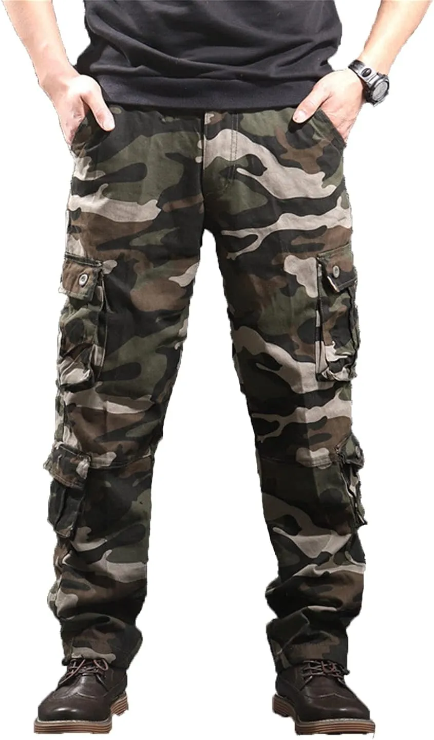 JEKE-DG Men's Regular Tapered Cargo Pant Multi Pocket Military Pants Camo Combat Work Trousers Workwear