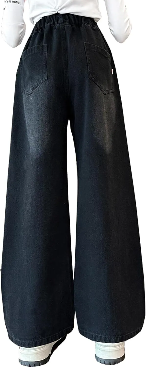 Kids Girls Ripped Distressed Washed Baggy Wide Leg Casual Jeans Size 5-14 yrs