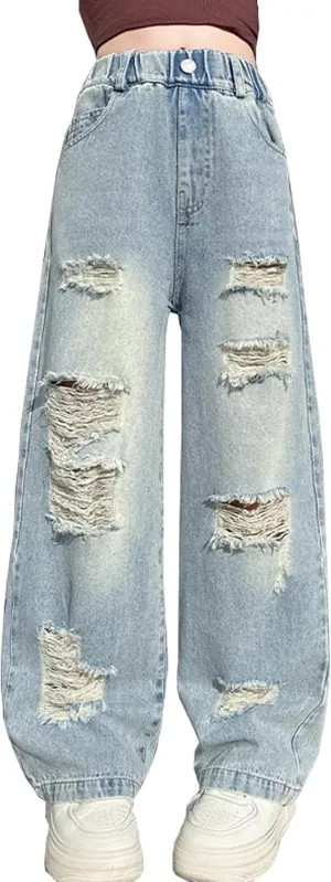 Kids Girls Ripped Distressed Washed Baggy Wide Leg Casual Jeans Size 5-14 yrs
