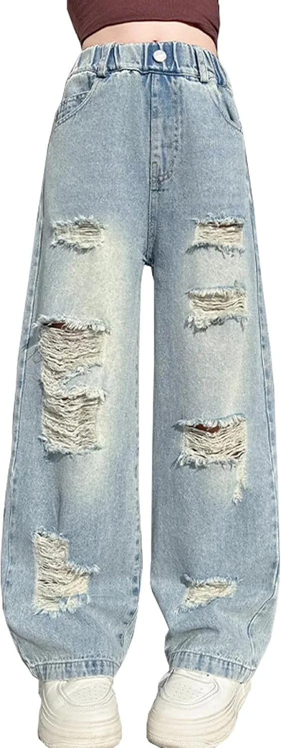 Kids Girls Ripped Distressed Washed Baggy Wide Leg Casual Jeans Size 5-14 yrs