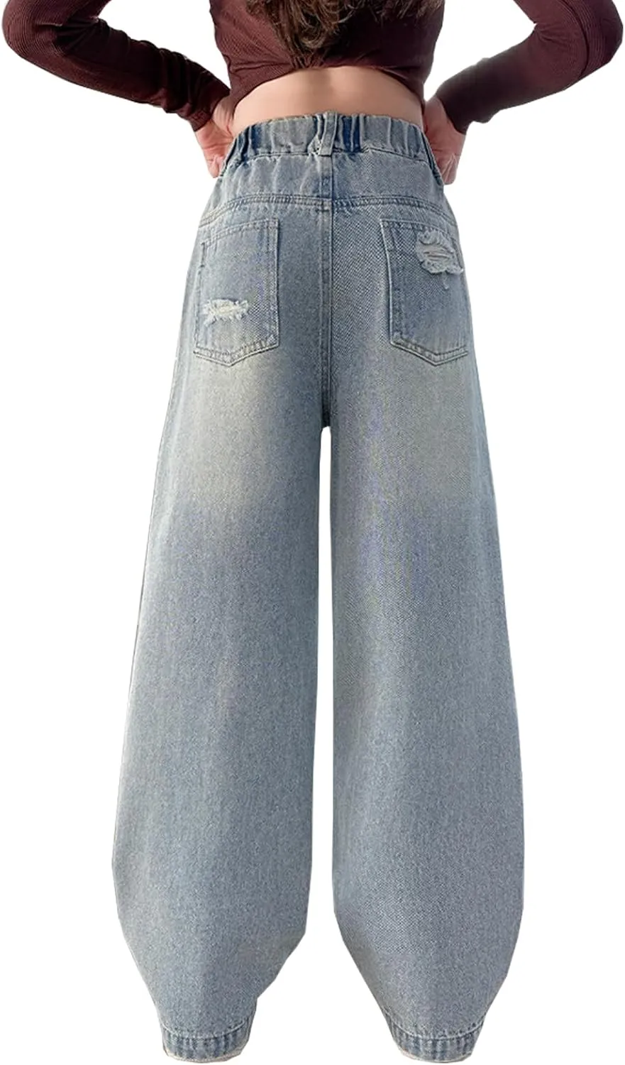 Kids Girls Ripped Distressed Washed Baggy Wide Leg Casual Jeans Size 5-14 yrs