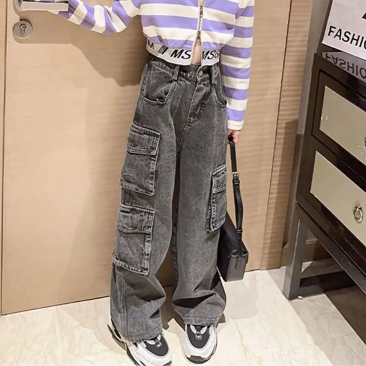 Kids Girls Ripped Distressed Washed Baggy Wide Leg Casual Jeans Size 5-14 yrs
