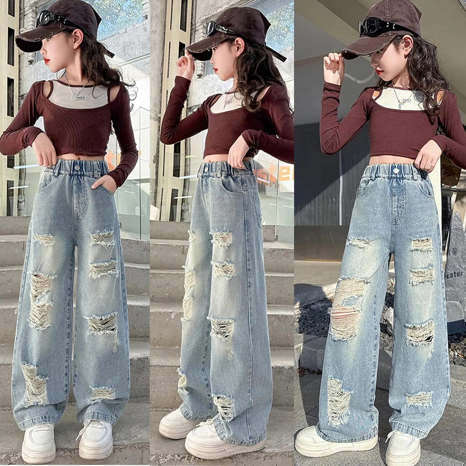 Kids Girls Ripped Distressed Washed Baggy Wide Leg Casual Jeans Size 5-14 yrs