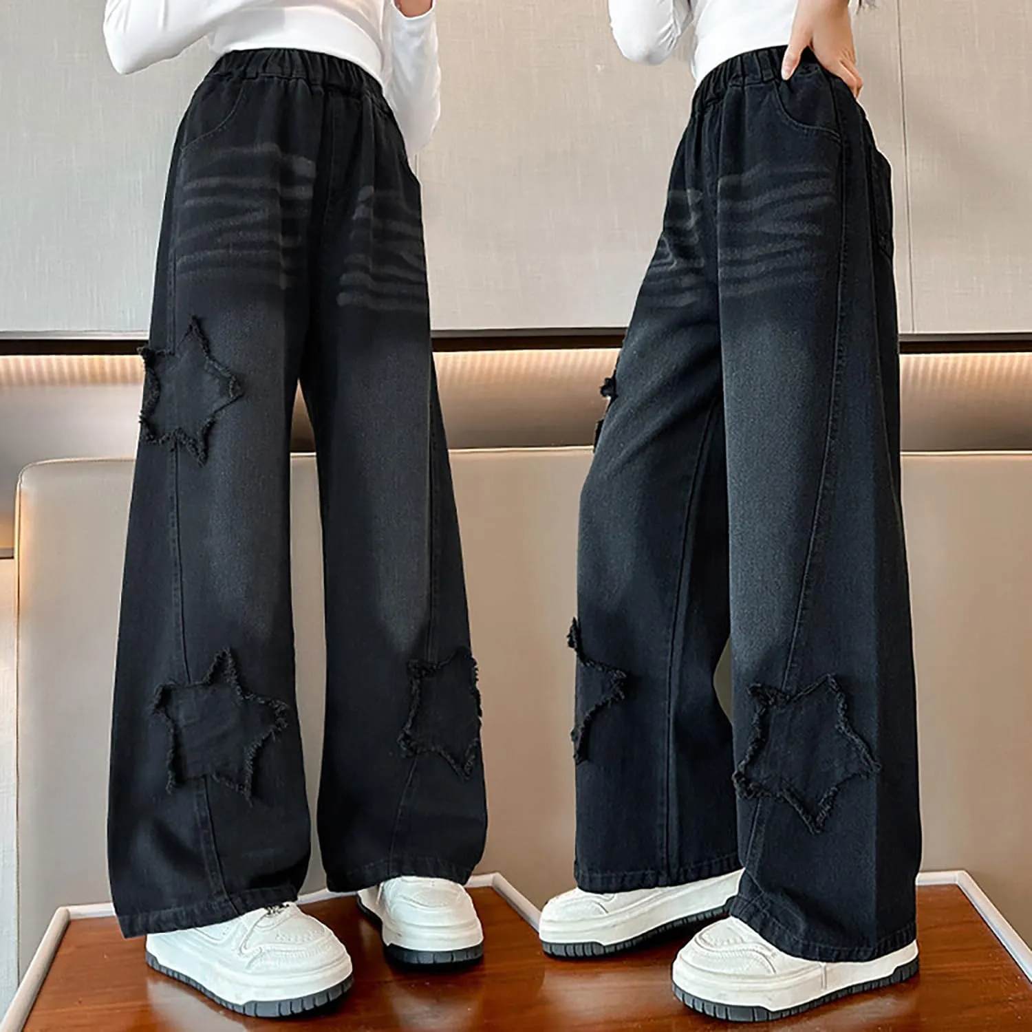 Kids Girls Ripped Distressed Washed Baggy Wide Leg Casual Jeans Size 5-14 yrs
