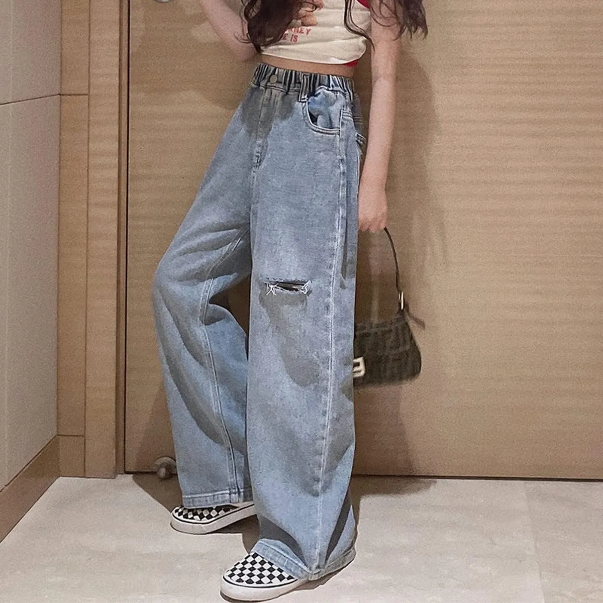 Kids Girls Ripped Distressed Washed Baggy Wide Leg Casual Jeans Size 5-14 yrs