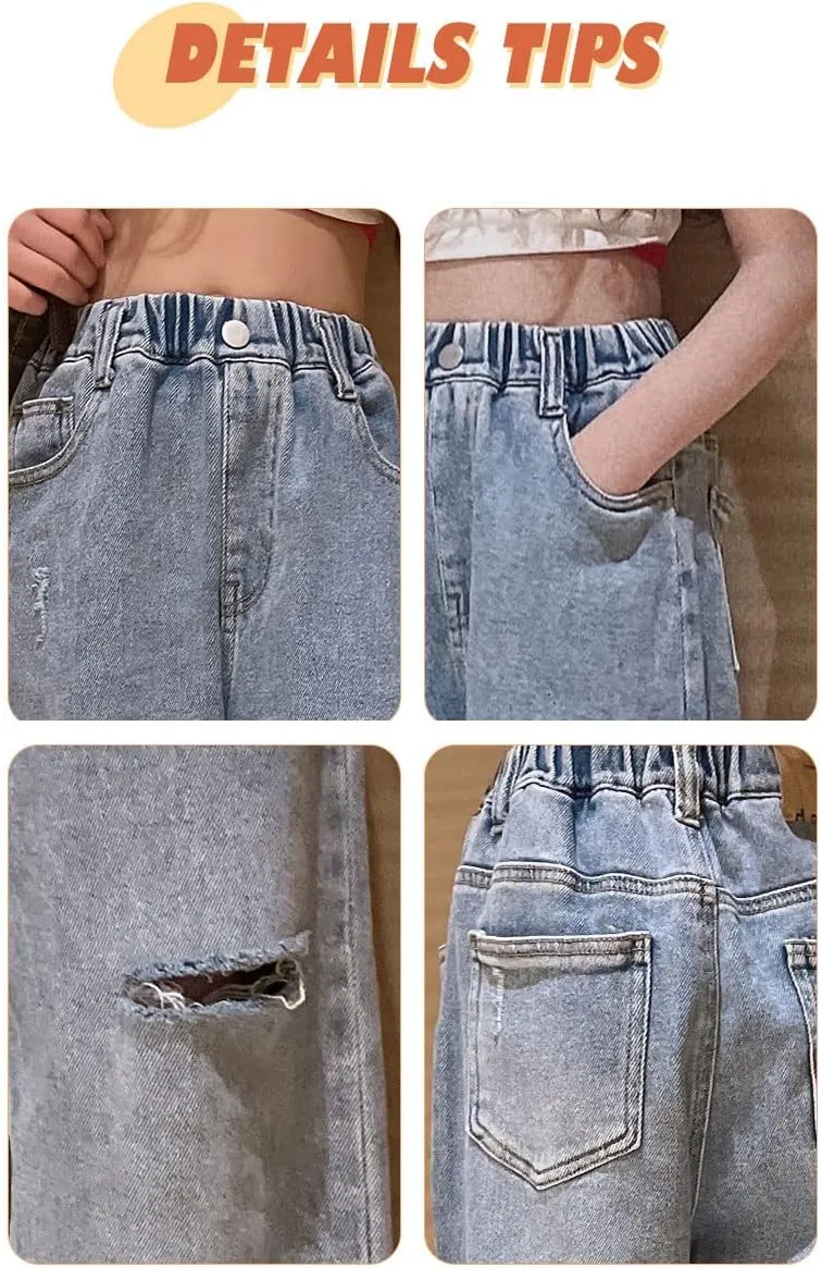 Kids Girls Ripped Distressed Washed Baggy Wide Leg Casual Jeans Size 5-14 yrs