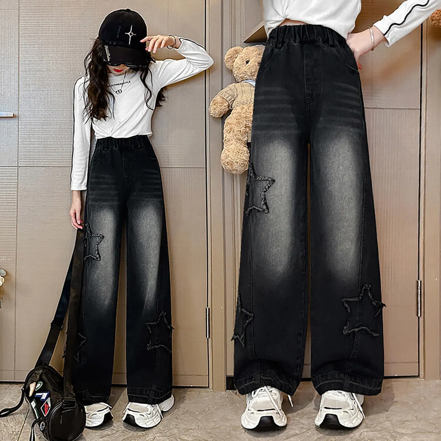 Kids Girls Ripped Distressed Washed Baggy Wide Leg Casual Jeans Size 5-14 yrs