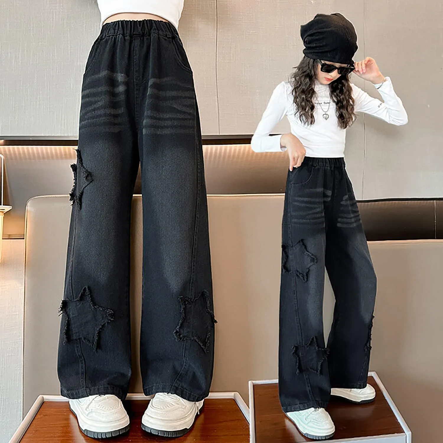 Kids Girls Ripped Distressed Washed Baggy Wide Leg Casual Jeans Size 5-14 yrs