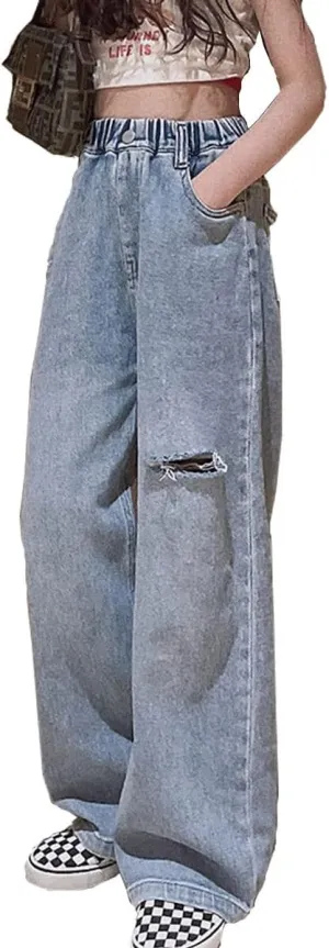 Kids Girls Ripped Distressed Washed Baggy Wide Leg Casual Jeans Size 5-14 yrs