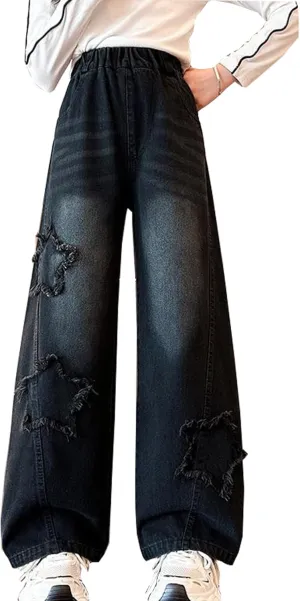 Kids Girls Ripped Distressed Washed Baggy Wide Leg Casual Jeans Size 5-14 yrs
