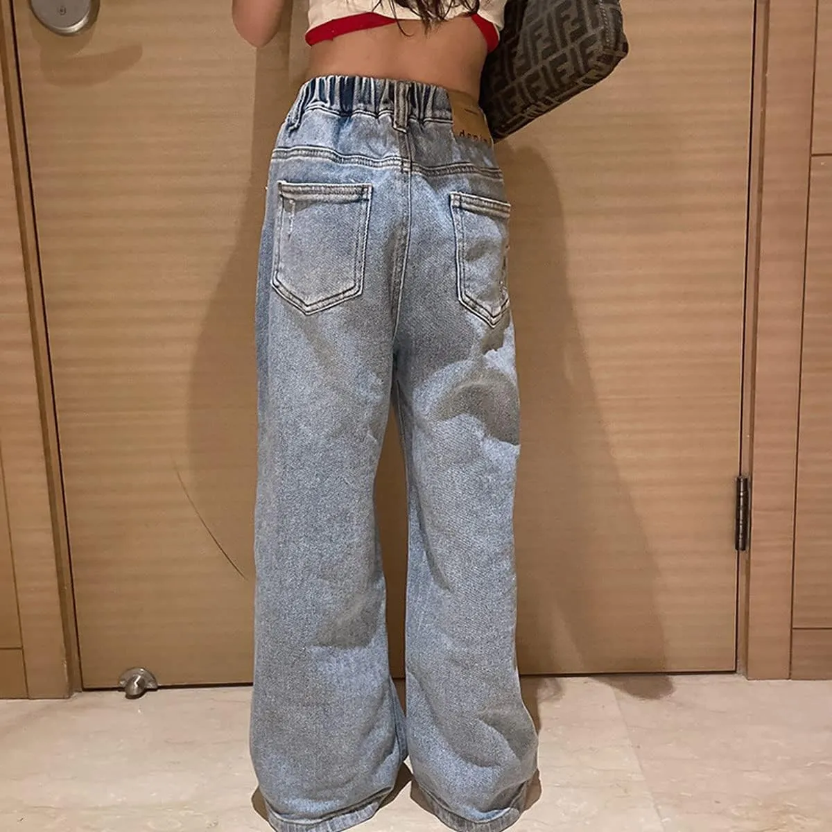 Kids Girls Ripped Distressed Washed Baggy Wide Leg Casual Jeans Size 5-14 yrs