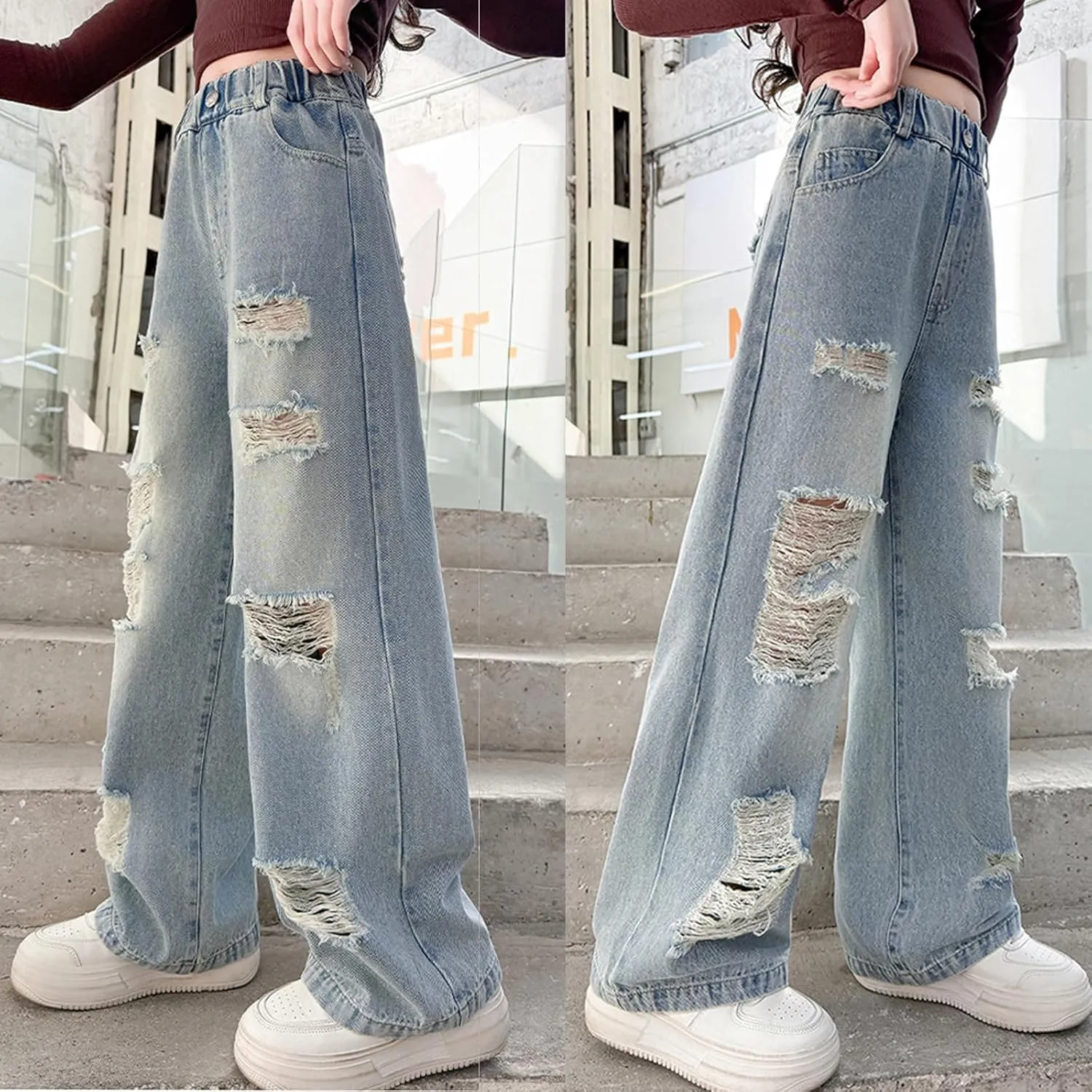 Kids Girls Ripped Distressed Washed Baggy Wide Leg Casual Jeans Size 5-14 yrs