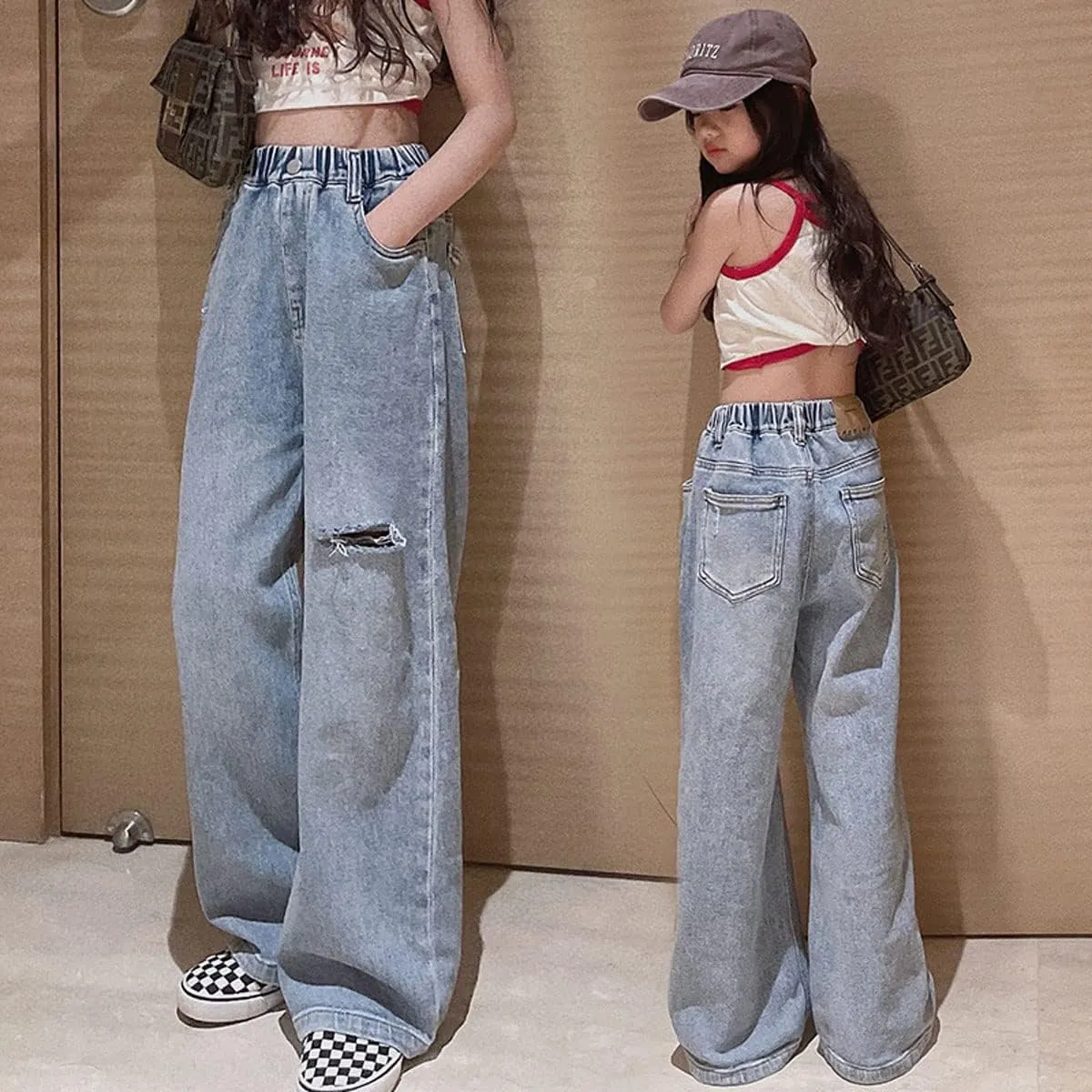Kids Girls Ripped Distressed Washed Baggy Wide Leg Casual Jeans Size 5-14 yrs