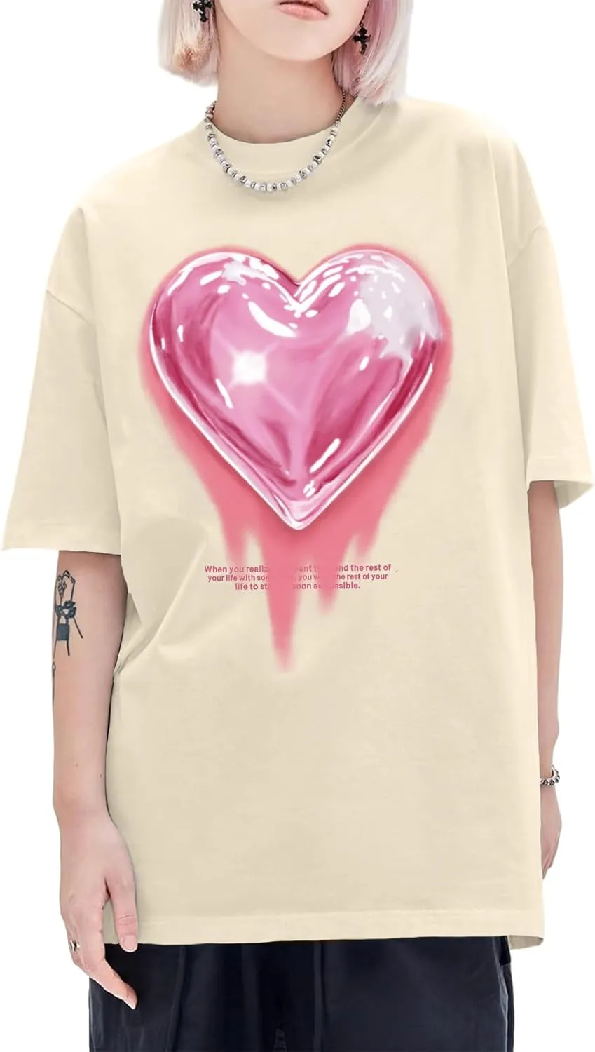 KIEKIECOO Oversized Graphic Tees for Women Cute Shirts for Teens Girls Casual Heart Shirt Men Cotton Tshirts Loose Fit