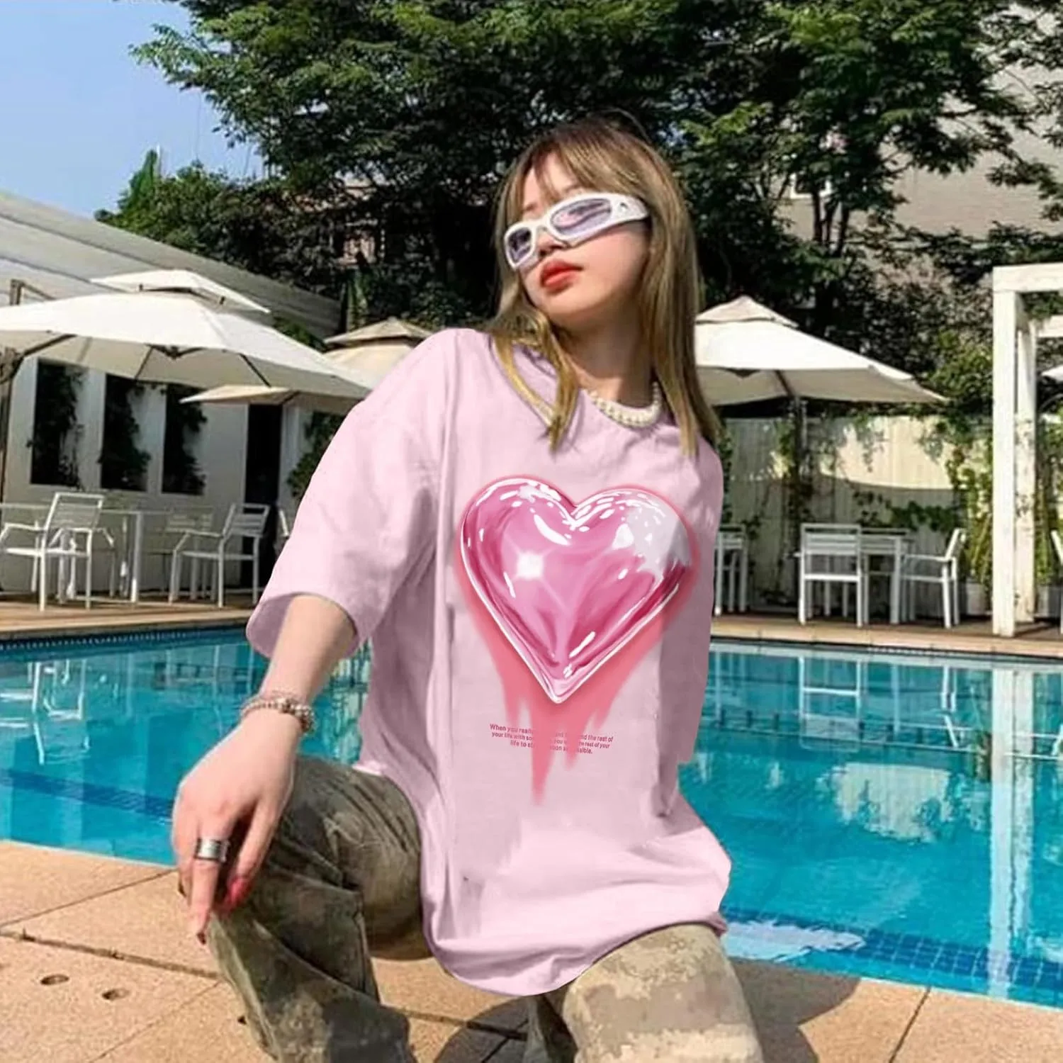 KIEKIECOO Oversized Graphic Tees for Women Cute Shirts for Teens Girls Casual Heart Shirt Men Cotton Tshirts Loose Fit