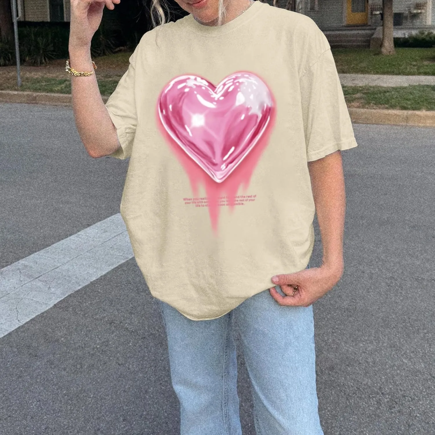KIEKIECOO Oversized Graphic Tees for Women Cute Shirts for Teens Girls Casual Heart Shirt Men Cotton Tshirts Loose Fit