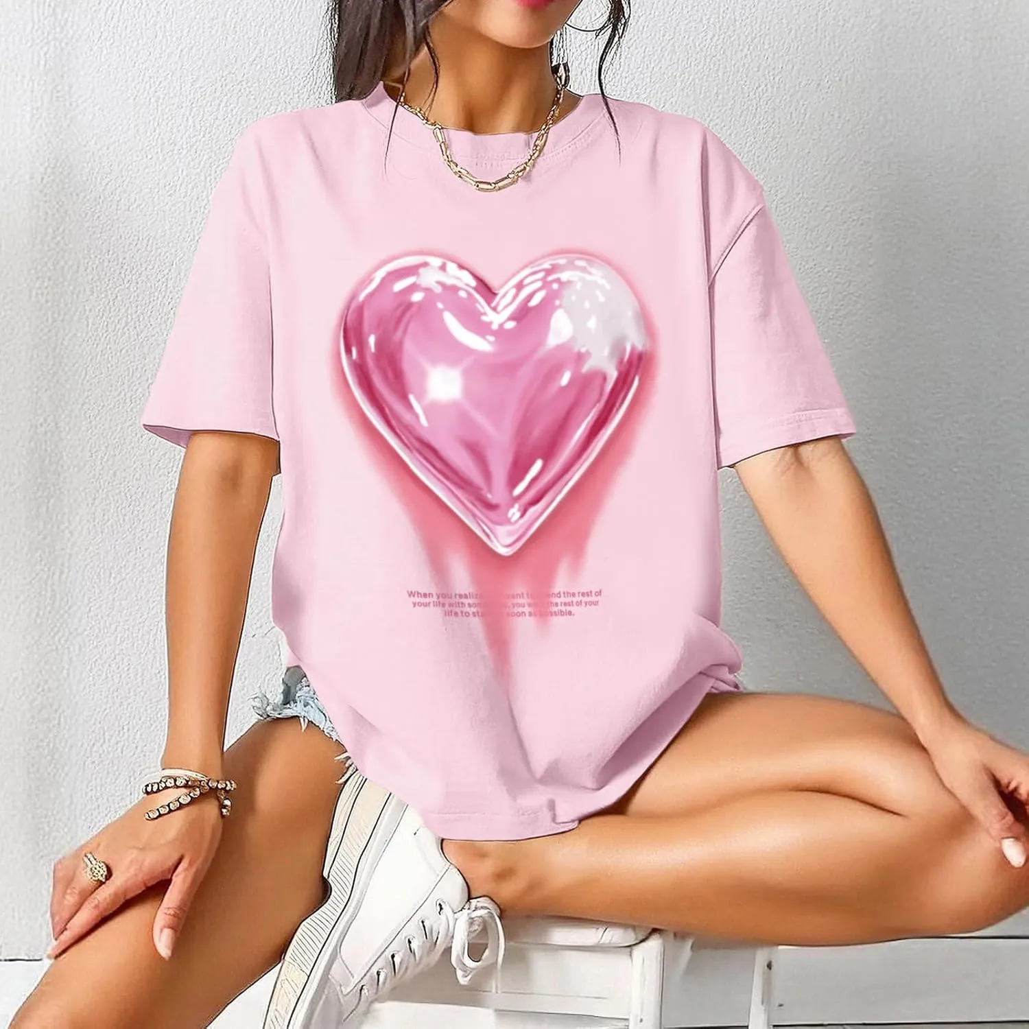 KIEKIECOO Oversized Graphic Tees for Women Cute Shirts for Teens Girls Casual Heart Shirt Men Cotton Tshirts Loose Fit