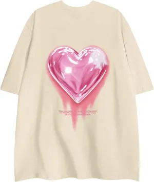 KIEKIECOO Oversized Graphic Tees for Women Cute Shirts for Teens Girls Casual Heart Shirt Men Cotton Tshirts Loose Fit