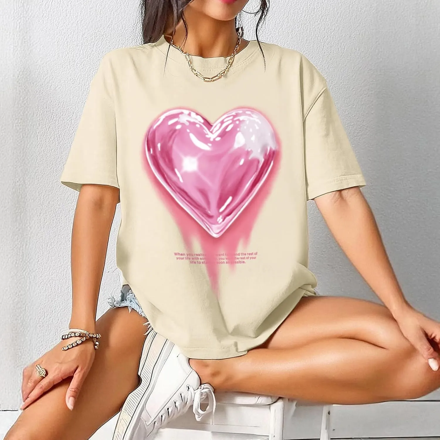KIEKIECOO Oversized Graphic Tees for Women Cute Shirts for Teens Girls Casual Heart Shirt Men Cotton Tshirts Loose Fit