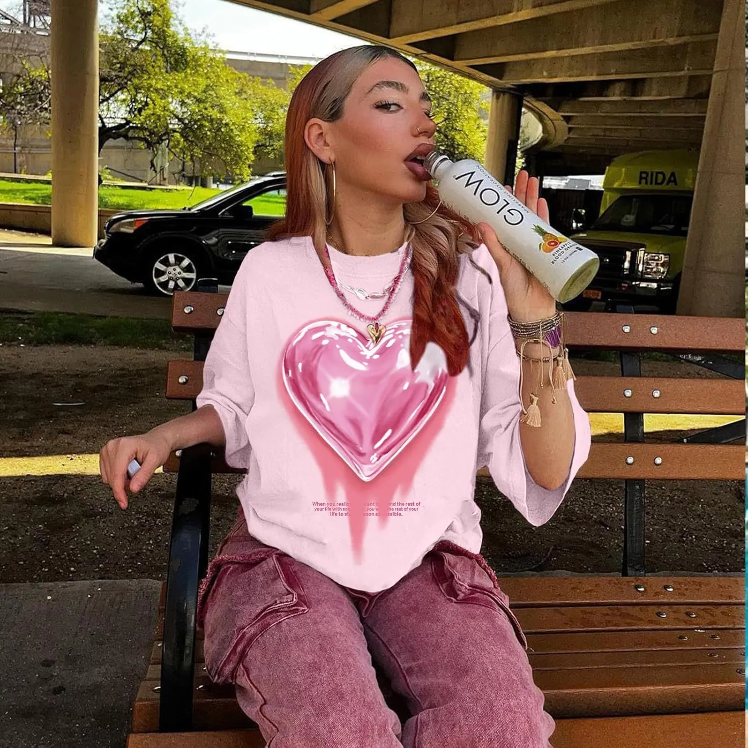 KIEKIECOO Oversized Graphic Tees for Women Cute Shirts for Teens Girls Casual Heart Shirt Men Cotton Tshirts Loose Fit