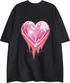KIEKIECOO Oversized Graphic Tees for Women Cute Shirts for Teens Girls Casual Heart Shirt Men Cotton Tshirts Loose Fit