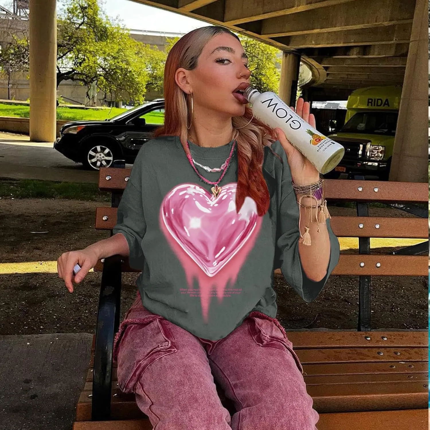KIEKIECOO Oversized Graphic Tees for Women Cute Shirts for Teens Girls Casual Heart Shirt Men Cotton Tshirts Loose Fit