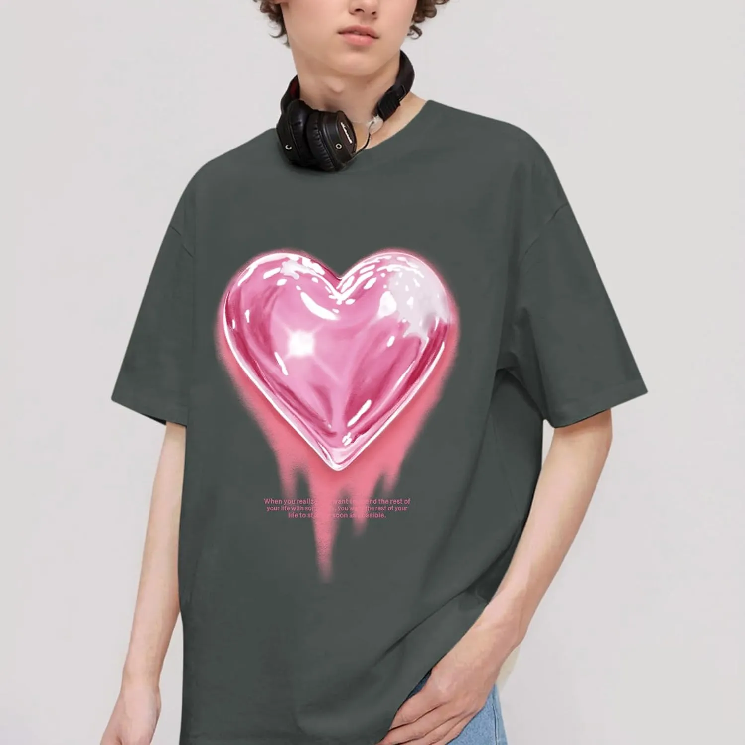 KIEKIECOO Oversized Graphic Tees for Women Cute Shirts for Teens Girls Casual Heart Shirt Men Cotton Tshirts Loose Fit