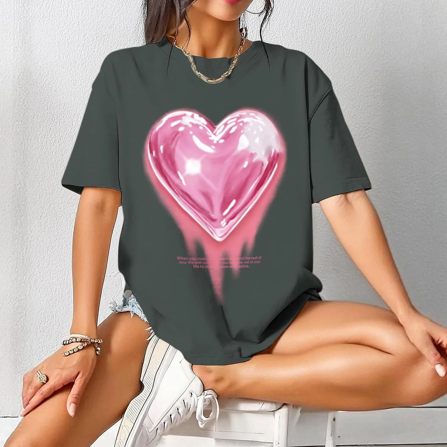 KIEKIECOO Oversized Graphic Tees for Women Cute Shirts for Teens Girls Casual Heart Shirt Men Cotton Tshirts Loose Fit