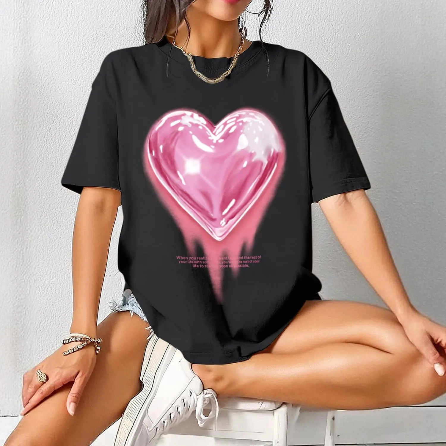 KIEKIECOO Oversized Graphic Tees for Women Cute Shirts for Teens Girls Casual Heart Shirt Men Cotton Tshirts Loose Fit