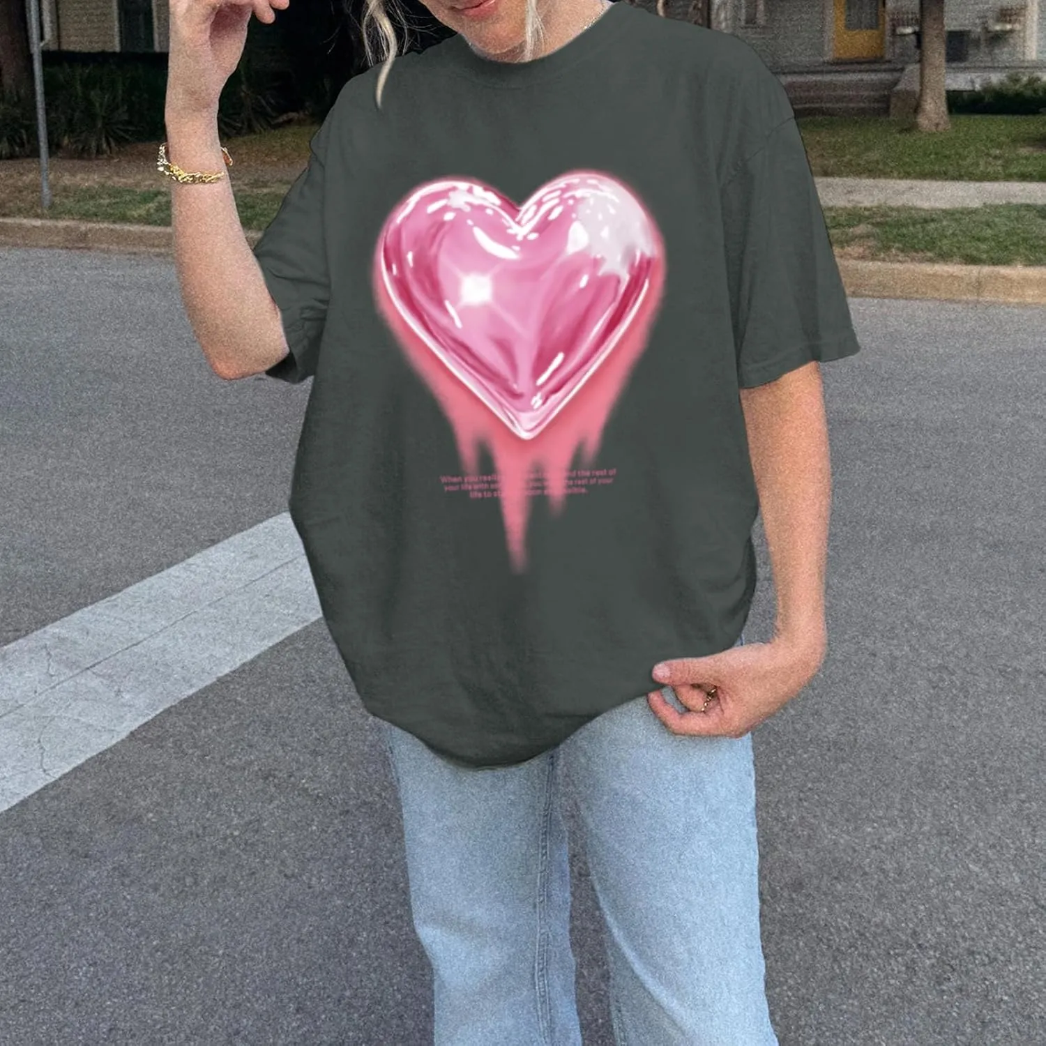 KIEKIECOO Oversized Graphic Tees for Women Cute Shirts for Teens Girls Casual Heart Shirt Men Cotton Tshirts Loose Fit