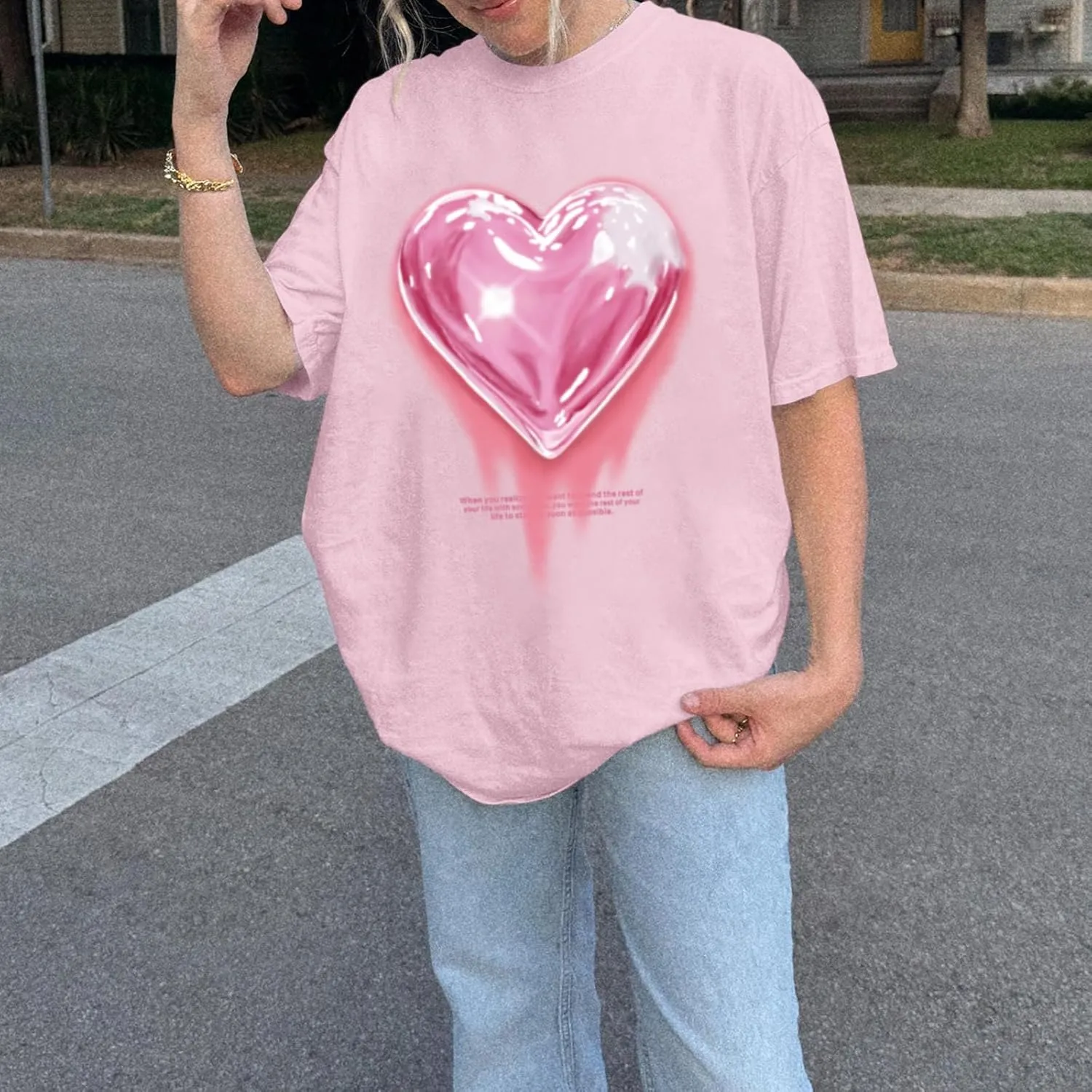 KIEKIECOO Oversized Graphic Tees for Women Cute Shirts for Teens Girls Casual Heart Shirt Men Cotton Tshirts Loose Fit