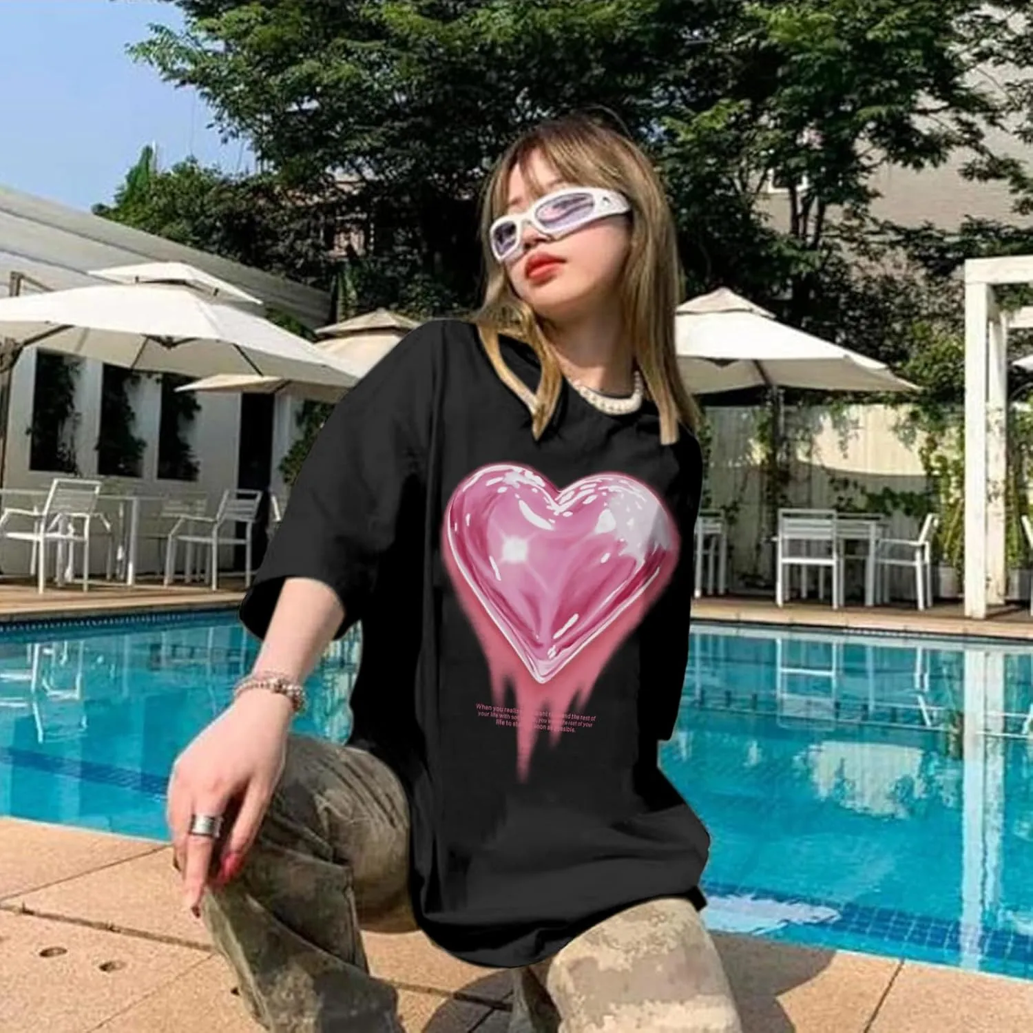 KIEKIECOO Oversized Graphic Tees for Women Cute Shirts for Teens Girls Casual Heart Shirt Men Cotton Tshirts Loose Fit