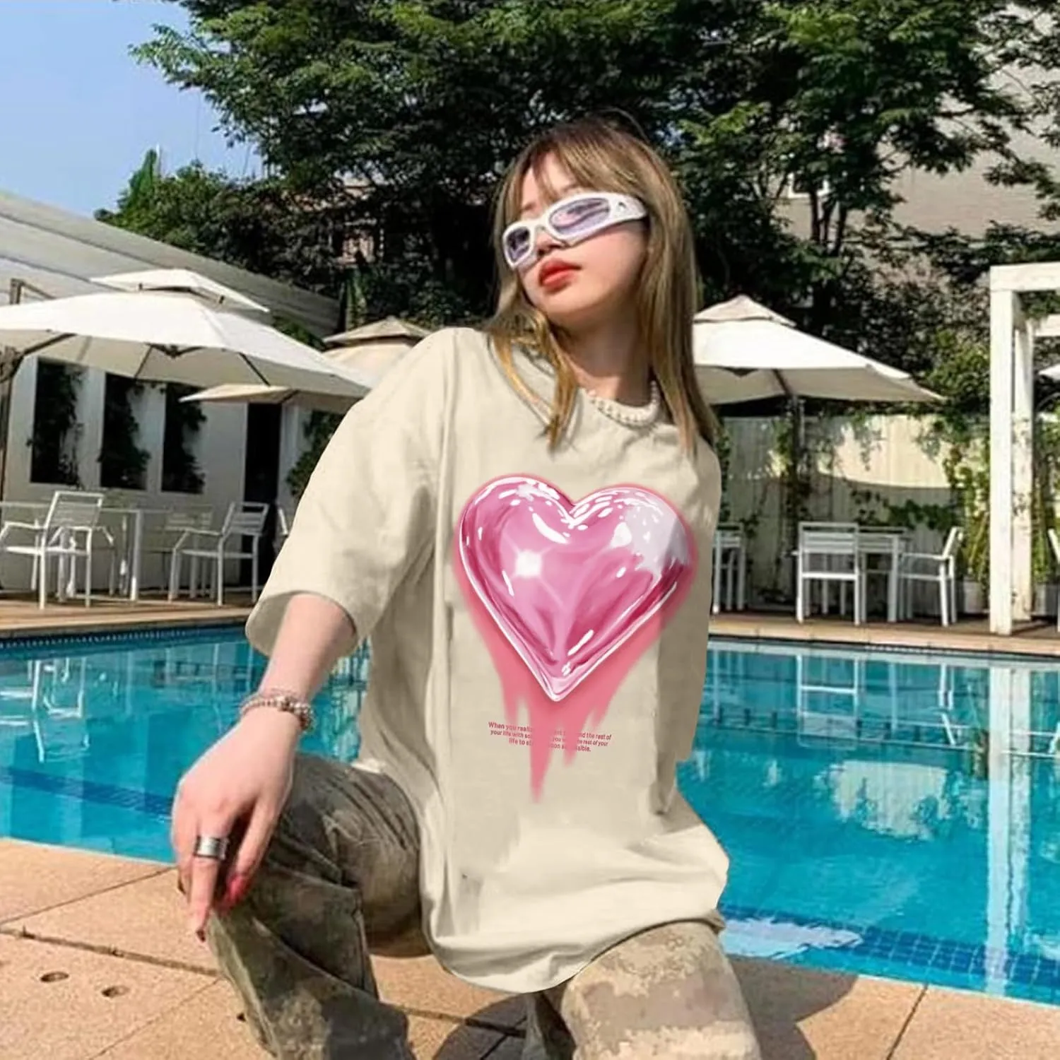 KIEKIECOO Oversized Graphic Tees for Women Cute Shirts for Teens Girls Casual Heart Shirt Men Cotton Tshirts Loose Fit